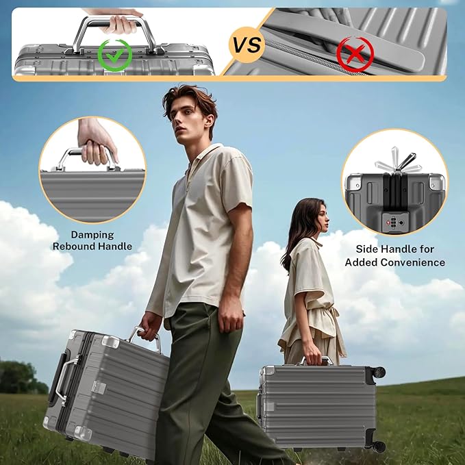 Krute Zipperless Luggage 24 Inch Aluminum Frame Suitcase with Spinner Wheels PC+ABS Hardide Checked Luggage TSA Approved No Zipper Travel Suitcase Gray