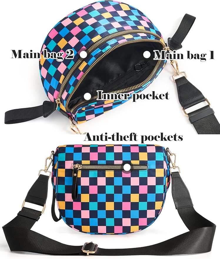 Black and White Checkered Crossbody Bag Bum Bag for Women,Spacious Checkered Purse Fanny Packs Belt Bag