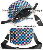 Black and White Checkered Crossbody Bag Bum Bag for Women,Spacious Checkered Purse Fanny Packs Belt Bag