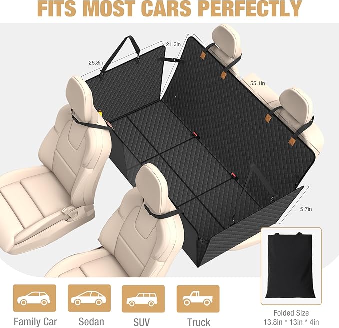Lekereise 400LBS Hard Bottom Dog Car Hammock - 600D Heavy Duty Waterproof Dog Seat Cover Back Seat Extender, Mesh Window & Storage Pockets, Universal Fit for Sedans SUVs Trucks, Supports Large Dogs