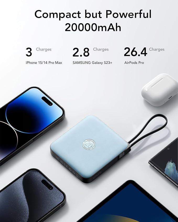 20000mAh Portable Charger Fast Charging with Built-in 4 Cables, Battery Pack Charger Portable PD 20W, Power Bank for iPhone 17 16 15 14 13 12 11 X Samsung Galaxy Series Android Phone,Blue(1Pack)