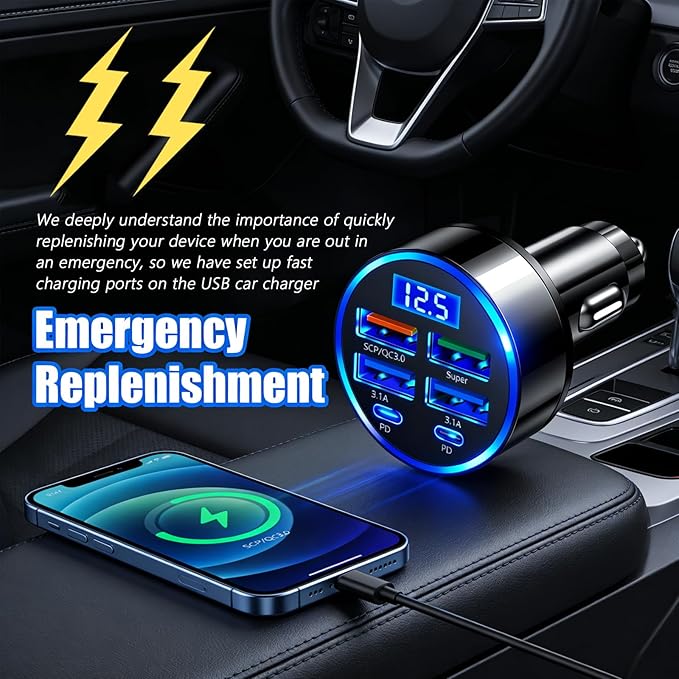 6 Ports Car Cigarette Lighter Adapter,Upgraded Car Cigarette Lighter USB Charger with Super/PD/3.1A/QC3.0 as Vehicle Electronics,24V/12V Cars Charger Adapter with LED Voltage Display