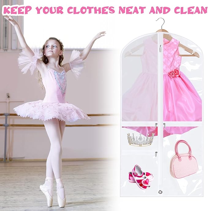 Woanger 6 Pcs Garment Bags for Dance Costumes Clear PVC with Zippers Garment Bag with Pockets Dance Costume Organizer Carrier for Storage Cover for Adult(White,20'' X 40'')
