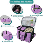 PetAmi Dog Travel Bag, Travel Pet Bag Organizer, Dog Food Travel Bag with Container Collapsible Bowls, Pet Travel Supplies Gift Accessories for Weekend Camping, Puppy Cat Diaper Bag, Purple Large