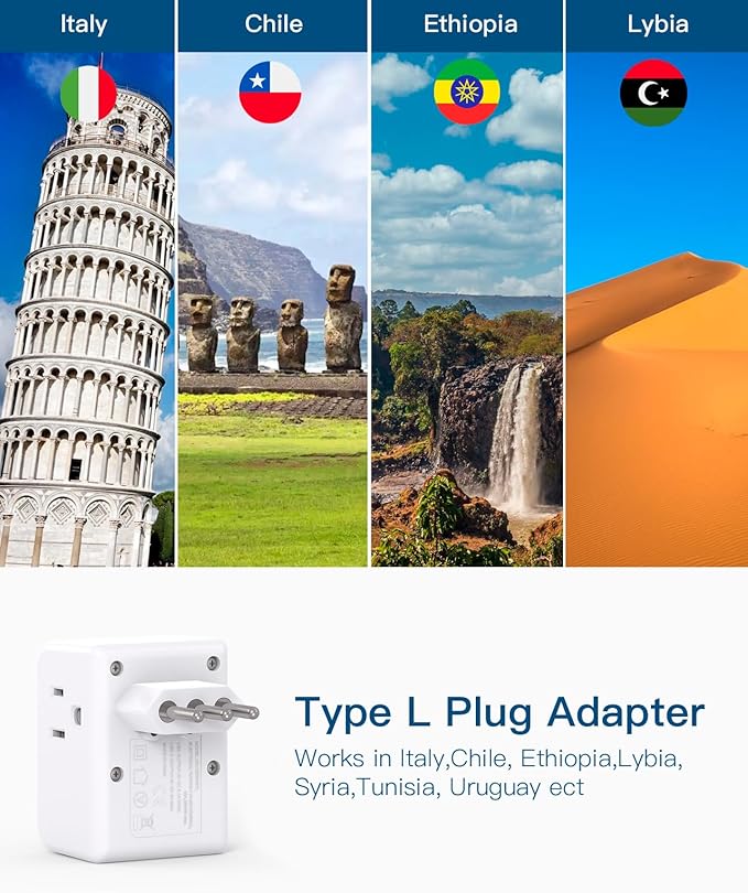 2 Pack Italy Travel Plug Adapter, Type L Italy Power Adapter with 3 American Outlets 3 USB Ports(1USB C), 6 in 1 Travel Outlet Adaptor, 3 Prong Grounded Plug for USA to Italy Chile Uruguay Italian