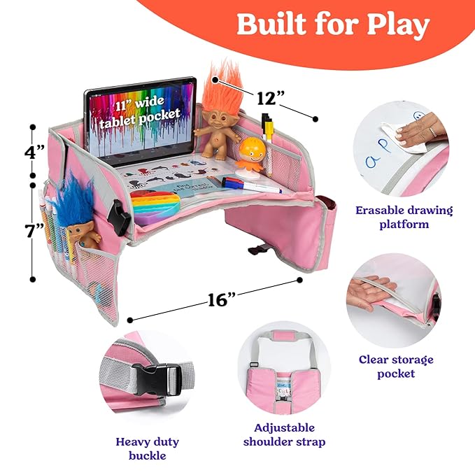 PILLANI Kids Travel Tray for Car - Car Seat Tray for Kids Travel, Road Trip Essentials, Carseat Table for Roadtrip Activities - Must Haves Toddler Lap Desk Organizer for Airplane - Car Accessories