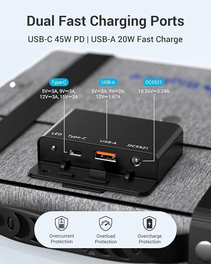 BigBlue 60W Portable Solar Panels with PD 45W USB-C, 20W USB-A, DC Port for Power Station, Phone, Power Bank, Tablet, IP68 Waterproof Foldable Solar Charger with Kickstand for Camping, RV, Emergency