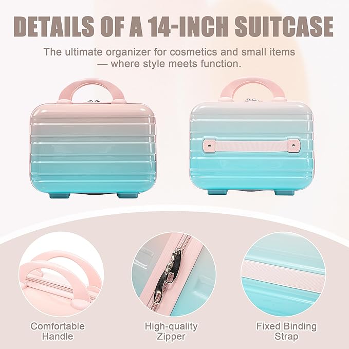20 Inch Carry on Luggage with 14 Inch Cosmetic Case, 2 Pcs Hardshell Lightweight Durable Spinner Suitcase Set for Travel, Women, Men, TSA Lock, ABS, 20+14 Inch, Blue Pink