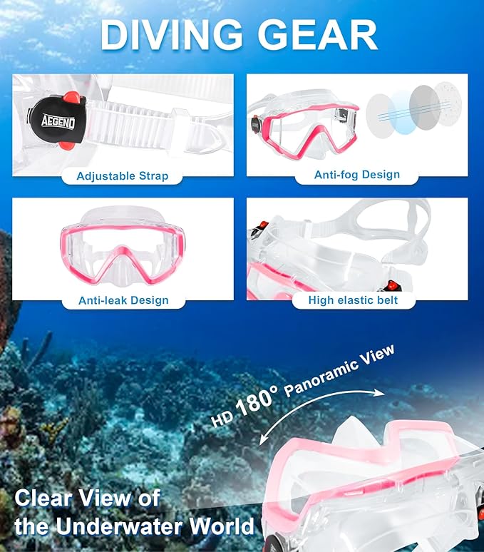 Aegend Snorkeling Gear for Adults Youth Kids, Snorkel Mask with Top Dry Valve - Panoramic View Anti-Leak and Anti-Fog with Mesh Bag for Snorkeling, Scuba Diving, Freediving & Swimming