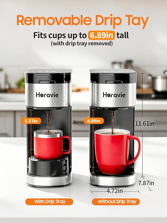 Horavie Single Serve Coffee Maker, Hot and Iced Coffee Maker for K Cup and Ground, 6 to 14 Oz Brew Sizes Single Cup Coffee Maker with Descaling Alert, Ideal for Home, Travel, RV and Dorm,Black