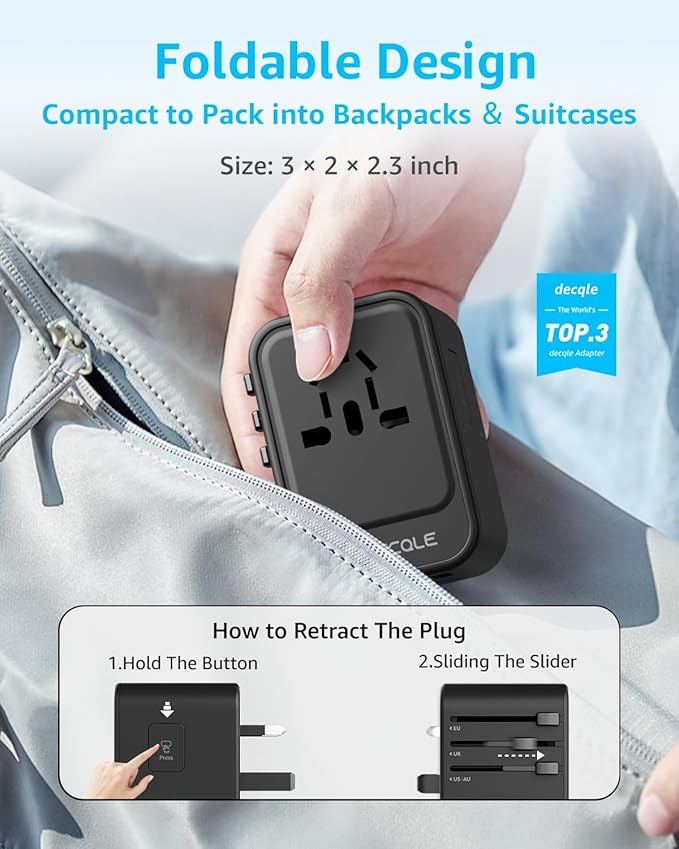Universal Travel Adapter, International Travel Plug Adapter with 2 USB-C(GaN 45W) ＆ 1 USB-A Ports, All in One Portable Adaptor, for USA, UK, EU, AU ＆ 224+ Countries (Black) US