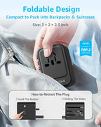 Universal Travel Adapter, International Travel Plug Adapter with 2 USB-C(GaN 45W) ＆ 1 USB-A Ports, All in One Portable Adaptor, for USA, UK, EU, AU ＆ 224+ Countries (Black) US