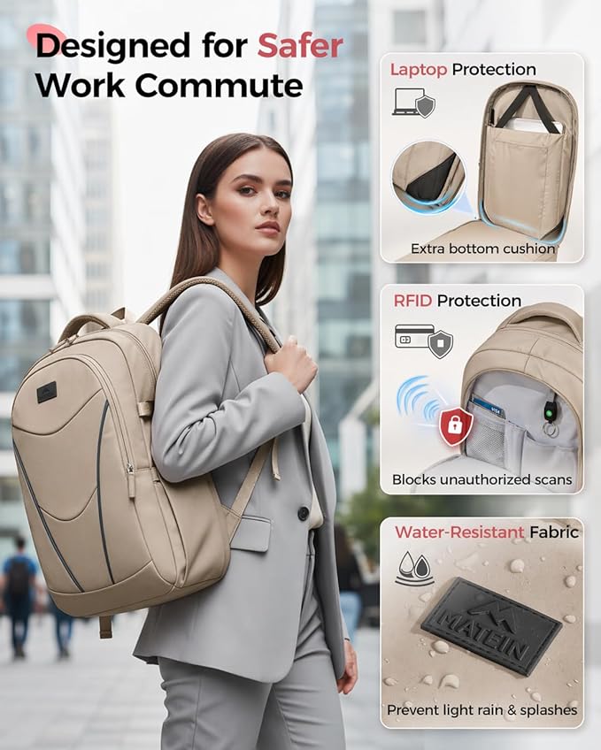 MATEIN HER Laptop Backpack for Women with Lunch Box Compartment, Water Resistant Work Backpack for Office Commute with RFID Pocket, College Computer Meal Prep Bag Fits 17.3'' Notebook, Khaki
