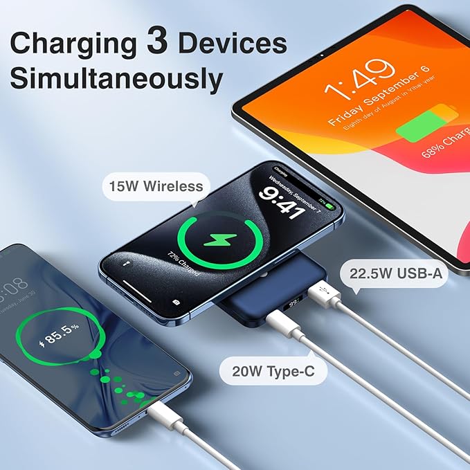 AOGUERBE for MagSafe Portable Charger, 10000mAh Magnetic Power Bank 22.5W Fast Charging, Mini Battery Pack Wireless with LED Display&Foldable Stand for iPhone 17/16/15/14/13/12 Series (Royal Blue)
