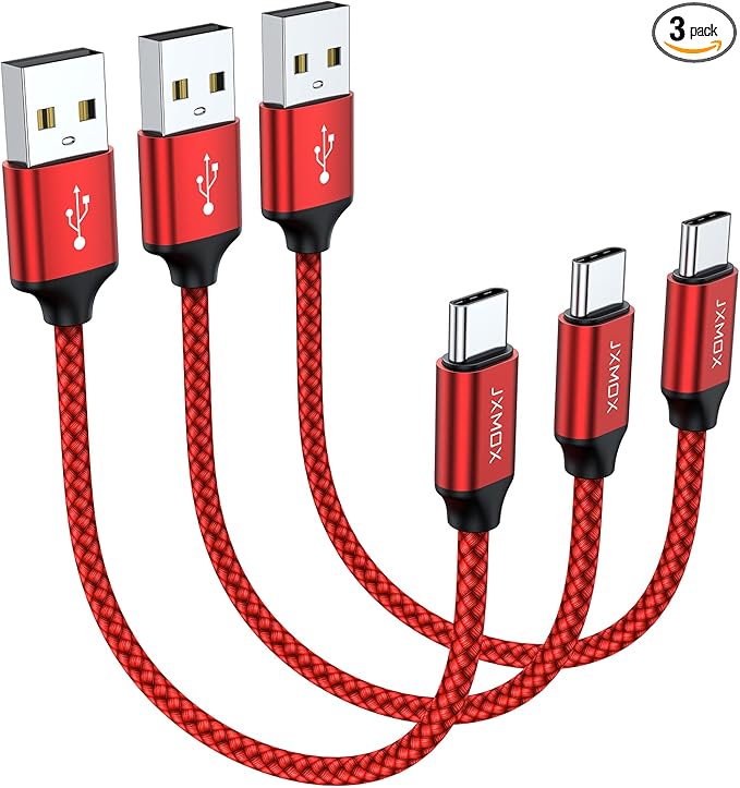 JXMOX Short USB C Cable (0.5ft 3-Pack), USB A to Type-C Charger Cord 3.1A Fast Charging Compatible with iPhone 15 16 Pro Max, Samsung Galaxy S20 S10 S9, Note 10 9, A80 A70 A50 A40, Power Bank (Red)
