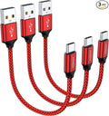 JXMOX Short USB C Cable (0.5ft 3-Pack), USB A to Type-C Charger Cord 3.1A Fast Charging Compatible with iPhone 15 16 Pro Max, Samsung Galaxy S20 S10 S9, Note 10 9, A80 A70 A50 A40, Power Bank (Red)