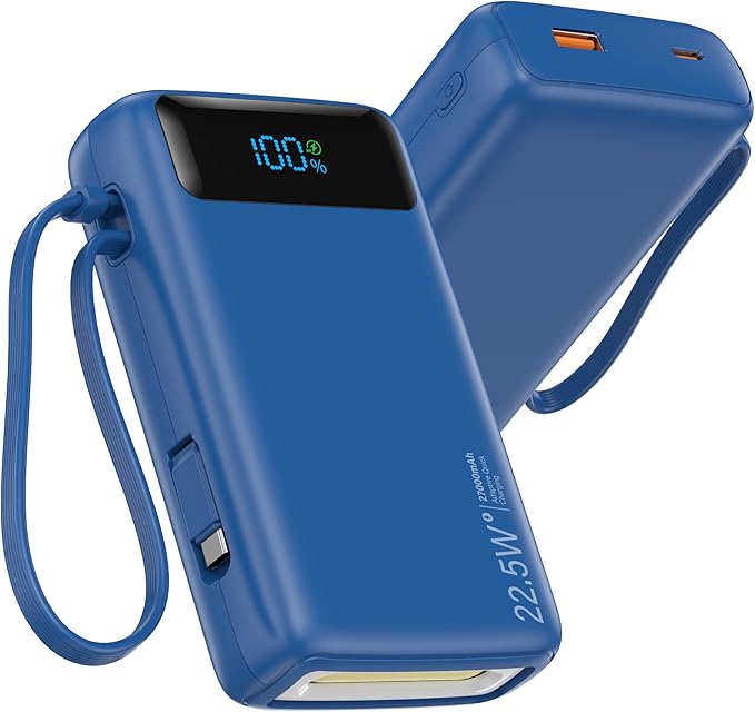 Portable Charger, 27000mAh 22.5W Fast Charging Power Bank with Built-in Cable, USB C Battery Pack with LED Display & Flash Light, Travel Essential External Battery Charger Bank for iPhone Samsung Navy