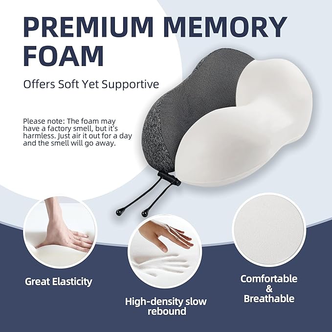 Travel Pillow with Extra Large Hood for Airplane Long Flights Privacy and Comfort Memory Foam with Skin-Friendly Cover for Road Trip Head&Neck Support for Plane Office Cars Sleeping & Rest (Grey)