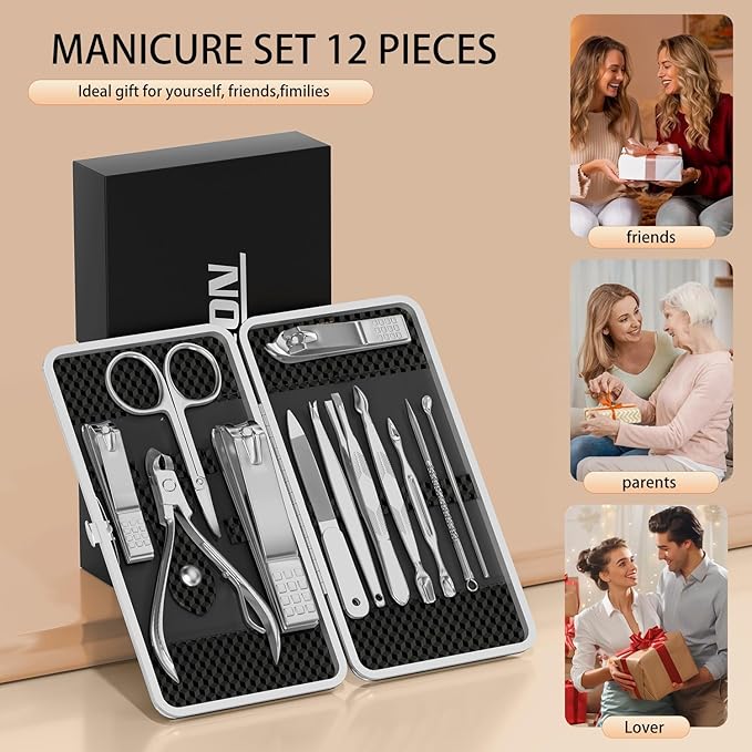 ZIZZON Manicure, Pedicure Kit, Nail Clippers Set of 12Pcs, Professional Grooming Kit, Nail Tools with Luxurious Travel Case Black