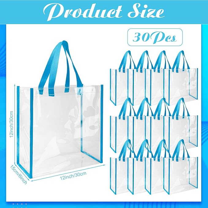 Eccliy 30 Pack 12x12x6 Inch Clear Tote Bag Stadium Approved Bulk Plastic Beach Tote Gift Bag with Handle for Gym Sports | 30 Pack, 12x12x6 Inch, Stadium Approved, Bulk, with Handle, Tote Gift Bag