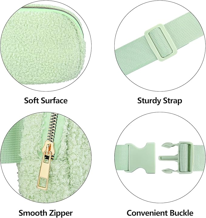 Fleece Fanny pack with Adjustable Strap for Women and Men Crossbody Bag Bum Bag, Waist Pack for Hiking Workout Sports Travel Light Green