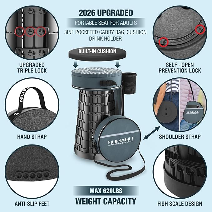 NUMANU 2026 Upgraded Collapsible Stool & 3IN1 Cushioned Carry Bag, 2.5"-18" Height Adjustable Max 620lbs, Portable Retractable Telescoping Seat, Foldable Camping Stool or Footrest for Adults (Round)