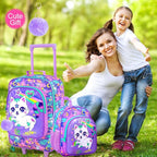 2Pcs Kids Suitcase for Girls, 18" Cat Carry on Luggage Set with Wheels, Cute Travel Rolling with 12" Toddler Backpack(Purple)