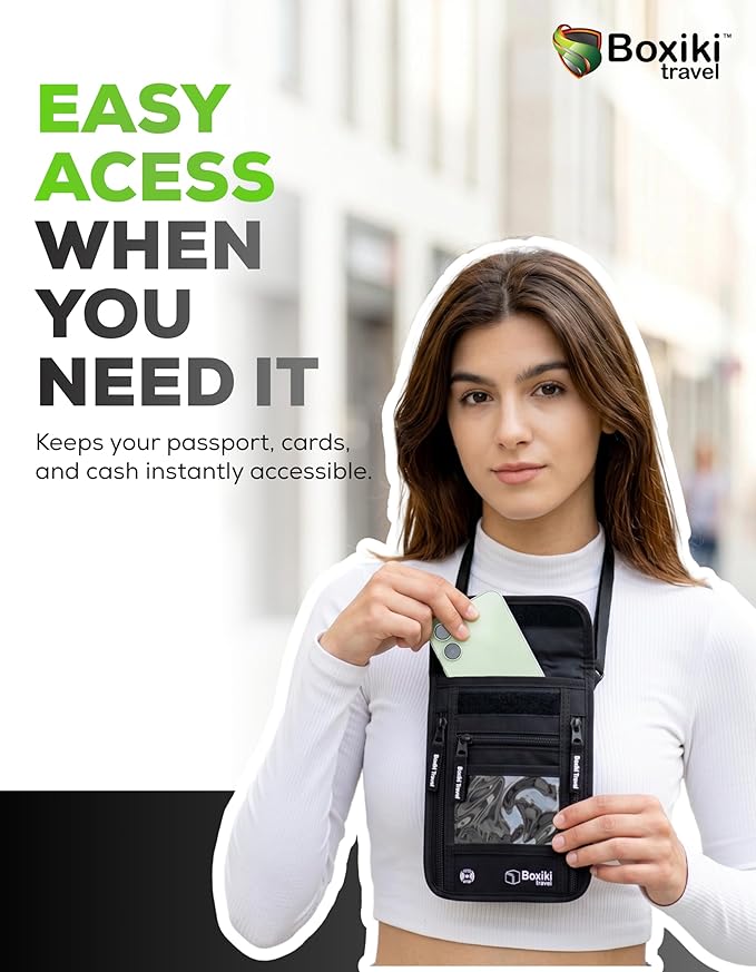 RFID Travel Neck Wallet - Black | Sleek, Secure Passport Holder and Money Pouch with Adjustable Neck Strap for Men and Women to Keep Cash, Credit Cards and Travel Documents Safe.