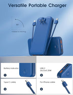 Nusyddy Portable Charger, 10000mAh PD20W Fast Charging Power Bank with Built-in Cables & Wall Plug, Travel Essentials External Battery Pack, USB C Battery Phone Charger for iPhone, iPad, Samsung Navy