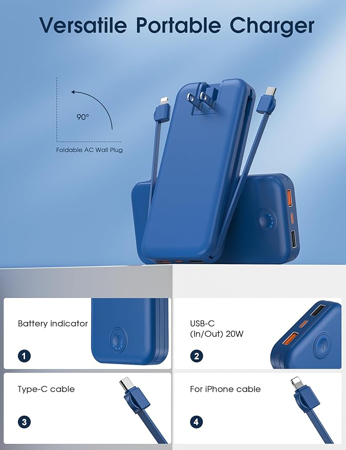 Nusyddy Portable Charger, 10000mAh PD20W Fast Charging Power Bank with Built-in Cables & Wall Plug, Travel Essentials External Battery Pack, USB C Battery Phone Charger for iPhone, iPad, Samsung Navy