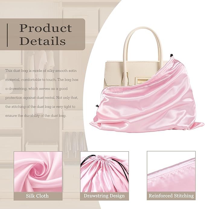 Vonty 3 Pack Silky Dust Bags for Shoes and Purses, Satin Drawstring Bag for HandBags Boots - Pink Shoe Bag Silk Dust Cover Bag Protector Travel Storage Pouch(23.6 x 19.6 In)