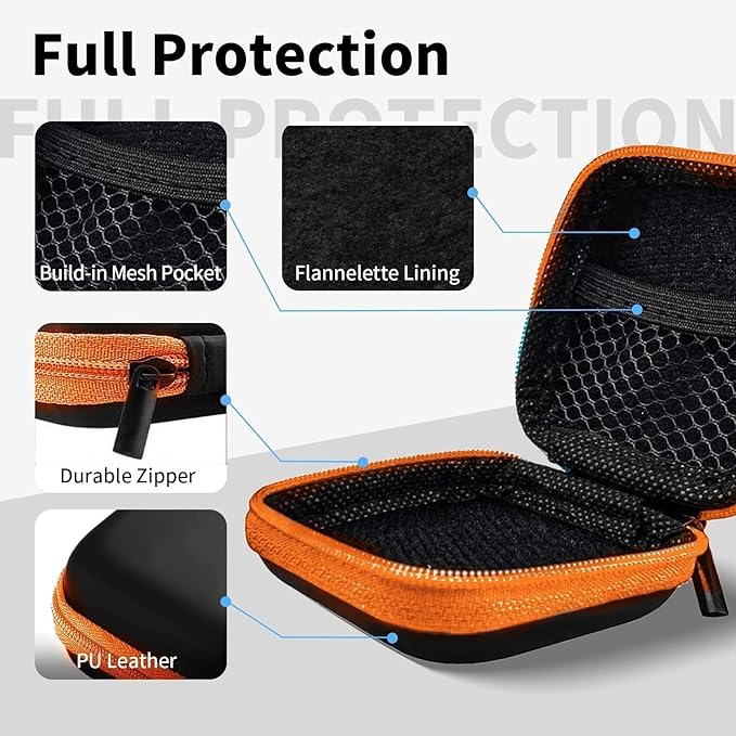 Square Earbud Case Portable EVA Carrying Case Storage Bag Tech Pouch Cell Phone Accessories Organizer with Carabiner for Earphone, Earbud, Earpieces, SD Memory Card, Camera Chips, Orange1