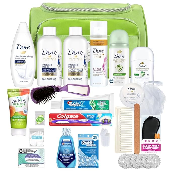 Convenience Kits International Women’s Super Premium 30 PC Travel Kit Featuring: Ensemble of Dove Travel-Size Hair Care and Body Products in Large Toiletry Bag (802) (Green)