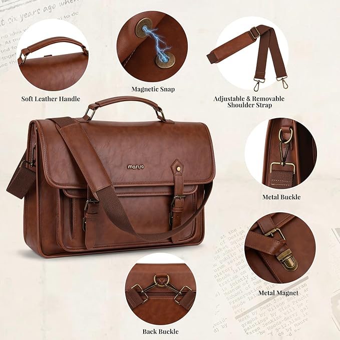 MOSISO 3 in 1 Laptop Bag, 17.3 inch PU Leather Shoulder Bag Briefcase Messenger Satchel Laptop Backpack, 17-17.3 inch Computer Bags Handbag Bookbag, Brown