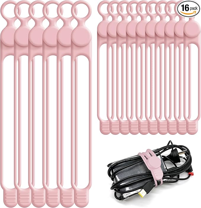Silicone Cable Ties Cord Organizer for Cable Management, 16PCS 4.2" and 7.1" Reusable Cable Organizer Electronic Accessories for Home, Office, Kitchen, School, Travel (Pink)