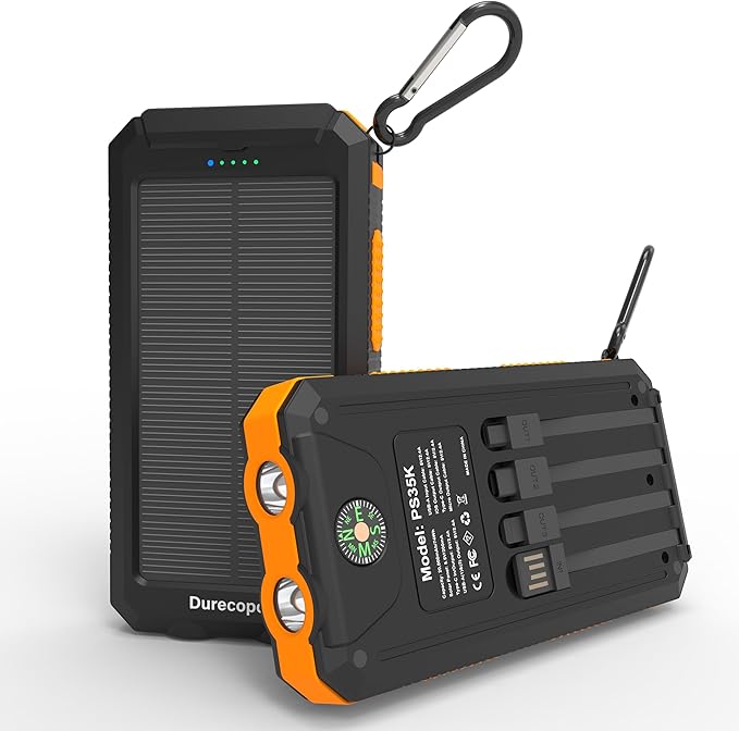 Durecopow Solar Charger Power Bank 20,000mAh, Portable Charger, 4 Cables 3 Ports Fast Charging External Battery Pack with USB C for Cell Phones, Solar Panel Charger with Dual Flashlight for Camping