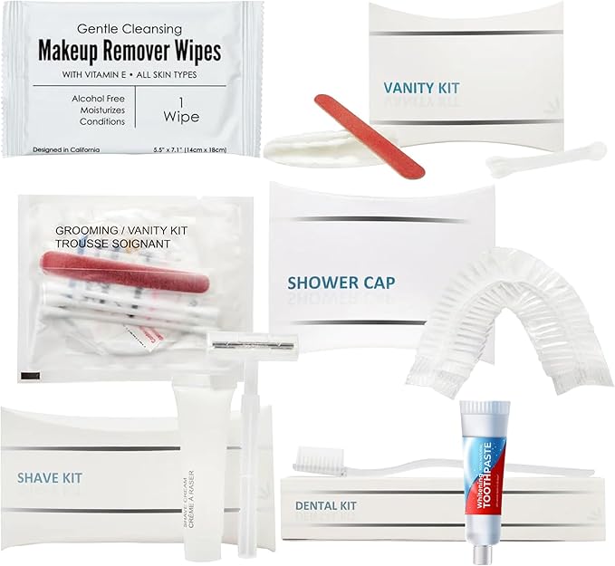 World Amenities Luxury Necessities Mini Travel Size Toiletries Kit |Razor, Shave Cream, Waterproof Shower Cap, Toothbrush, Toothpaste, Sewing Kit, Grooming Vanity Kit