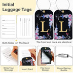 3 Pack Luxury Floral Luggage Tags, Durable PU Leather Suitcase Tags with Stainless Steel Cable Strap, Hidden ID Slot for Privacy Protection, Easy to Identify Waterproof Travel Accessories Gift (L)