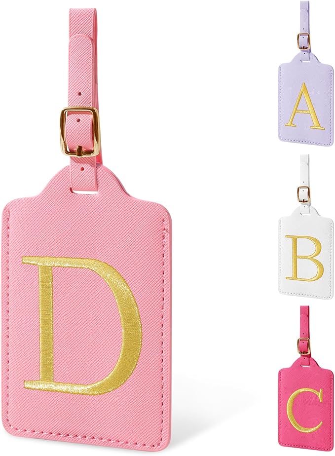 Personalized Initial Luggage Tags for Suitcase, Pink Leather Cute Luggage Tags with Privacy Cover Name Card, Embroidered Custom Monogrammed Luggage Tag Travel Bag Baggage Tags Gifts for Women Kids(D)