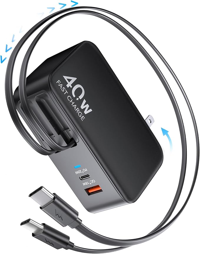 Retractable USB C Charger Wall Plug with 35.5in/90cm Type C Cables Cords,40W Fast Charging Foldable Block Multi Charger for All Devices for iPhone 17/16/15/14/13/12,iPad,Galaxy,Pixel