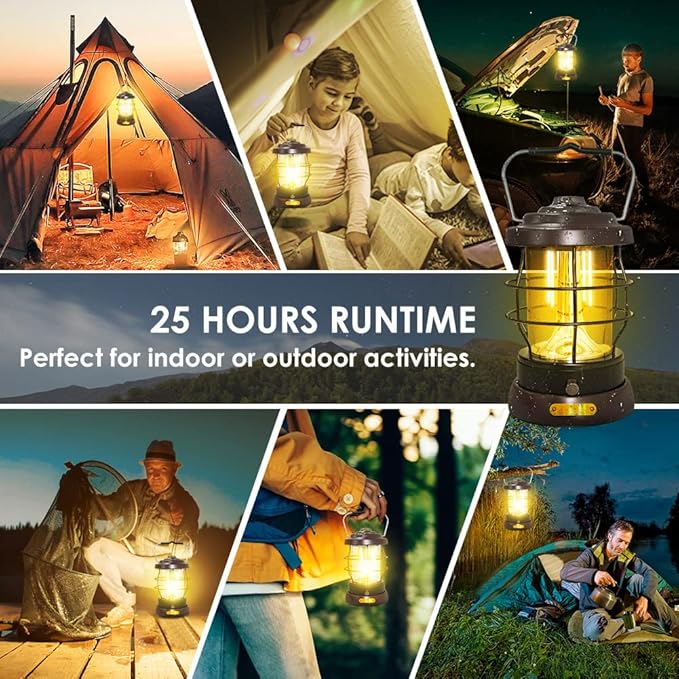 Retro Camping Lantern Rechargeable 1500LM 2 Modes Dimmable,Portable Electric Hurricane Lamp Hands-Free Flashlight,5000 mA High Capacity Battery LED Lanterns for Power Outages Indoor