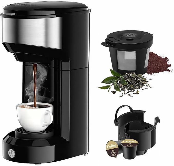 Single Serve Coffee Maker, 2 in 1 Brewer for K Pod & Ground Coffee, 90s Rapid Brew 6 to 14oz Capacities with Auto Shut Off, Small Compact Design for Home Office Travel Camping (Black)