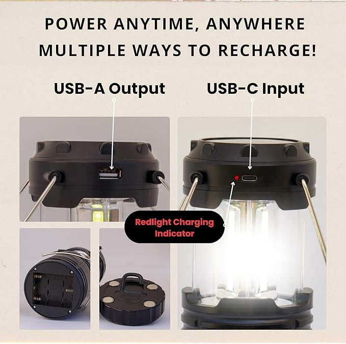 Rechargeable Camping Lantern, Pack of 2 - LED Camping Lantern Battery Powered, Waterproof Solar Lantern for Emergency, Hiking & Power Outages | USB-C Rechargeable, Collapsible, 360° Light