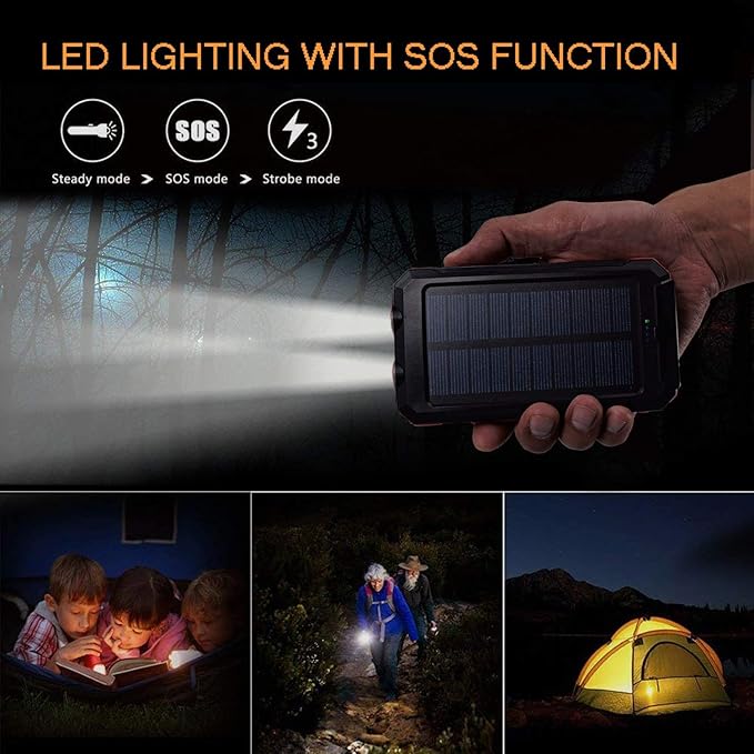Solar Charger Power Bank 20000mAh Portable Charger with 4 Built-in Cables and USB-C in/Output, Dual Emergency Flashlights, Waterproof Outdoor Battery Pack for Camping, Hiking, Travel, and Storm Prep