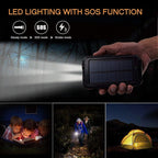 Solar Charger Power Bank 20000mAh Portable Charger with 4 Built-in Cables and USB-C in/Output, Dual Emergency Flashlights, Waterproof Outdoor Battery Pack for Camping, Hiking, Travel, and Storm Prep