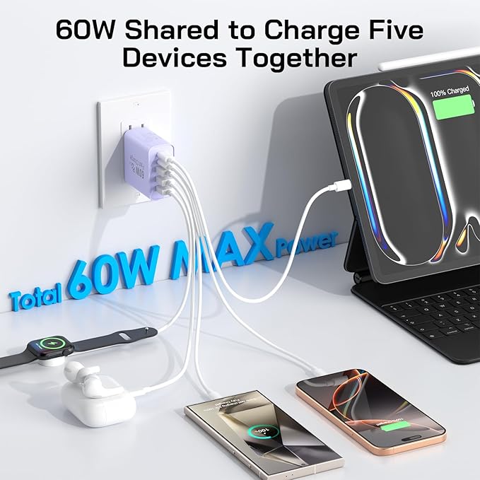 2Pack USB C Fast Charger Block, Total 60W 5-Port USB C Wall Charger 30W Type C Charging Block, 2USB C+3USB A PD 3.0 Multiport Charging Cube for iPhone 17 16 15 14 Pro Max, G-alaxy S26 S25 Ultra, i Pad