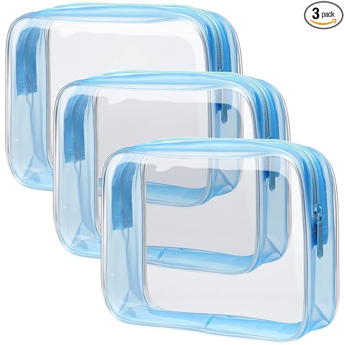 PACKISM Clear Toiletry Bag - 3 Pack Quart Size TSA Approved Toiletry Bag, Travel Makeup Cosmetic Bag for Women, Carry on Airport Airline Compliant Bag, Blue