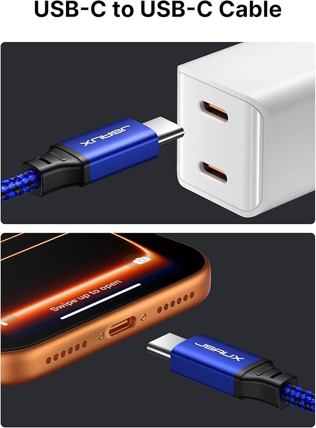 JSAUX 100W USB C to USB C Cable [2-Pack 3.3FT], Type C Fast Charging Cord for iPhone Air/iPhone 17/iPhone 17 Pro/iPhone 17 Pro Max, iPhone 16/15 Series, Galaxy S/Note Series, MacBook, iPad - Blue