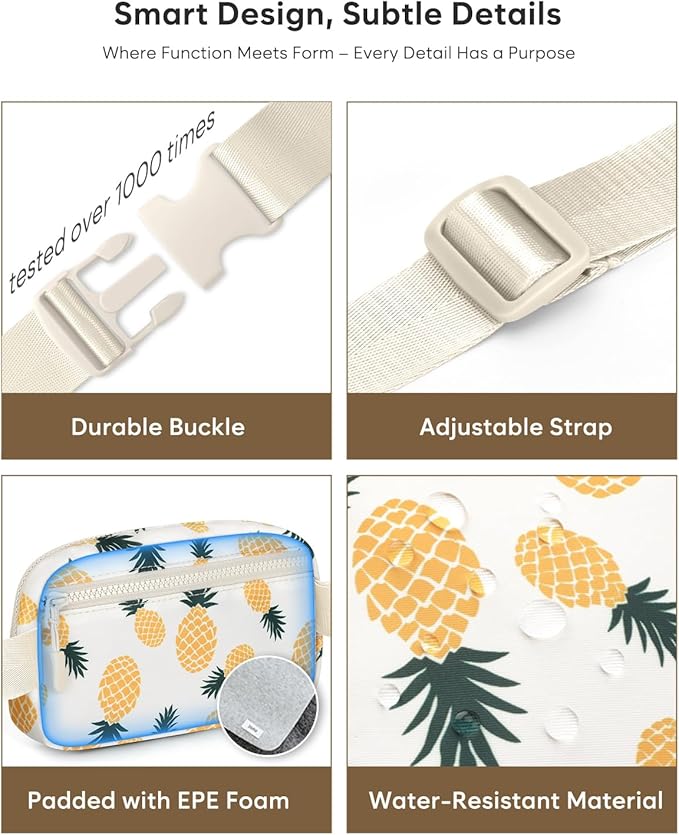 Pritent Fanny Packs for Women Cross Body Bag Waterproof Belt Bag with Adjustable Strap and Zipper Back Pocket Small Crossbody Bags Fashion Waist Packs for Workout Travelling(Pineapple)