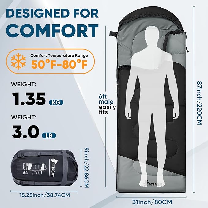 PTEROMY Sleeping Bags for Adults, Lightweight and Machine Washable, Water Resistant Backpacking Camping Sleeping Bag for Warm Cold Weather, Camping Essentials for Hiking Travel